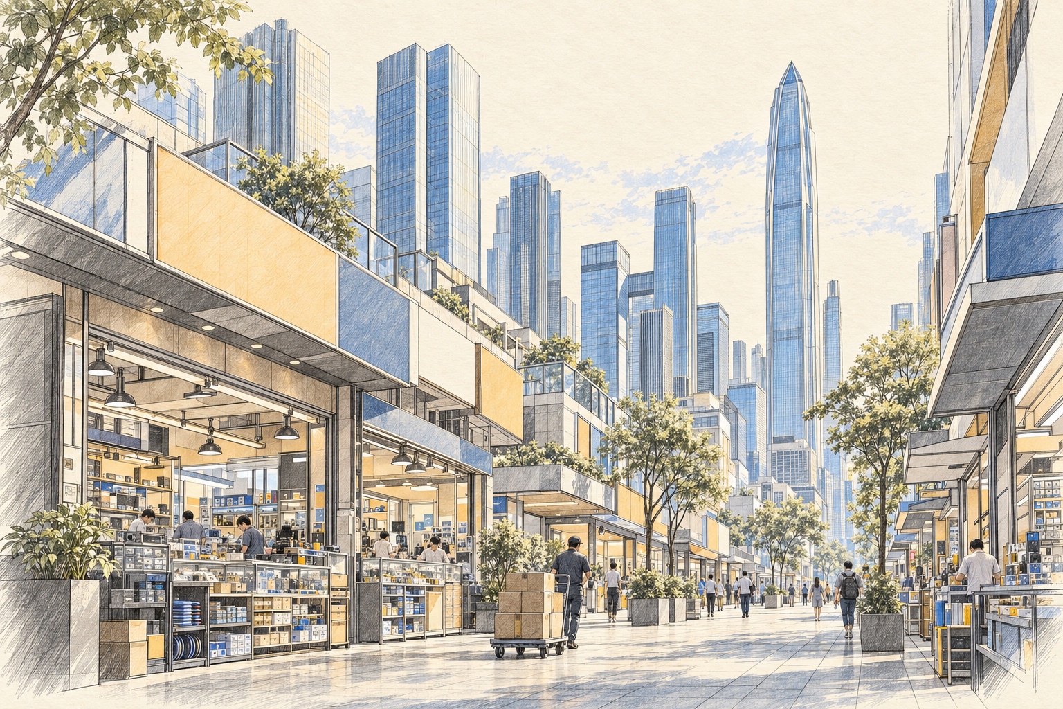 Pencil-and-wash illustration of a Shenzhen electronics street with storefronts and a courier pushing a trolley of parcels.