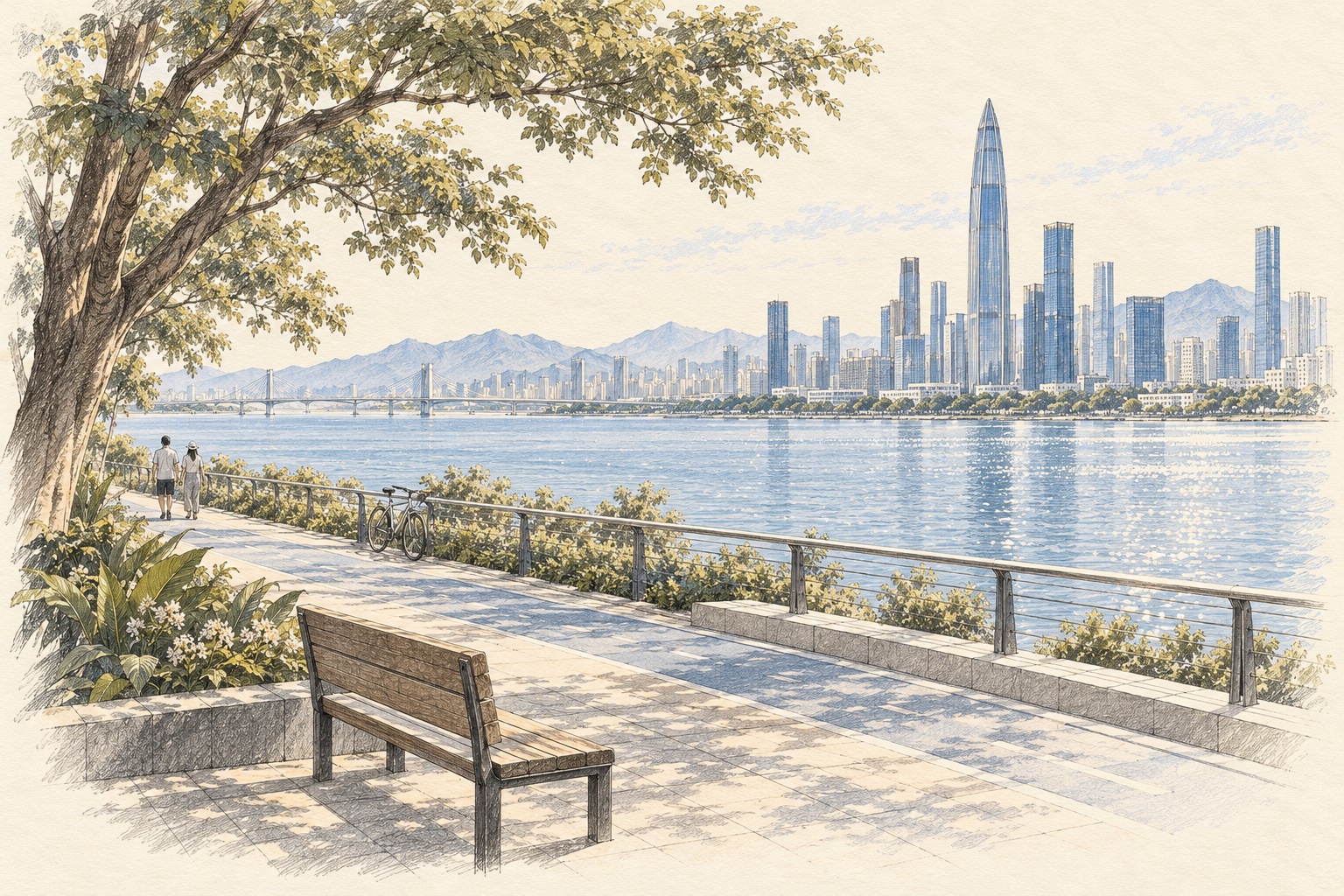 Pencil-and-watercolour illustration of the Shenzhen Bay waterfront, with a bench under a tree and the skyline across the water.