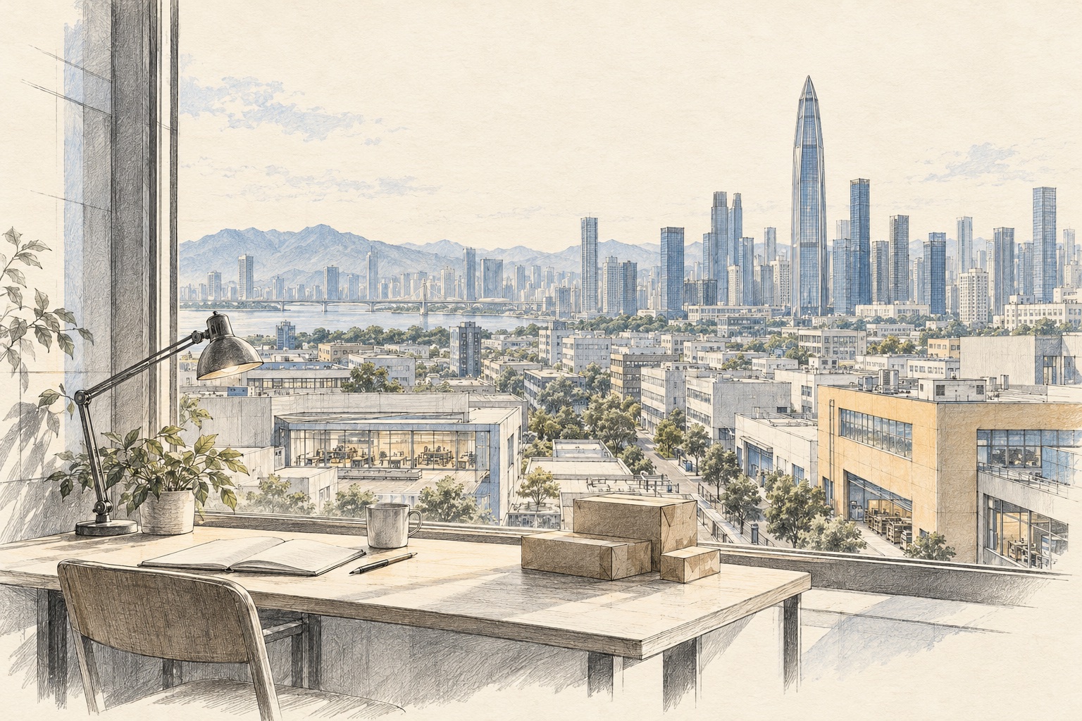 Pencil illustration of Shenzhen seen from a quiet workspace with a notebook and delivery boxes on the desk.